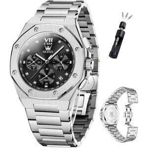 Olevs Men's Silver Black Stain Steel Man Watch with Date Luminous Stylish Watch